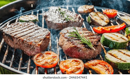 delicious grilled steak meat with vegetables on barbecue grill with smoke and flames. popular outdoor summer activity for friends and family - Powered by Shutterstock