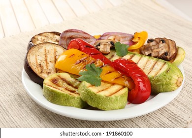 Delicious Grilled Vegetables On Plate On Table Close-up