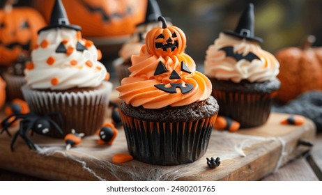 Delicious Halloween cupcakes with vibrant orange and white frosting, topped with spooky decorations, perfect for a festive fall dessert table. Ideal for parties, celebrations, and autumn-themed gather - Powered by Shutterstock