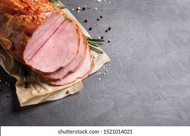 Delicious Ham On Grey Table, Top View With Space For Text. Christmas Dinner