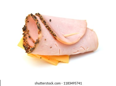 Delicious Ham Roll Up Cheese On White Background