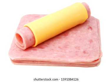 Delicious Ham Roll Up Cheese On White Background