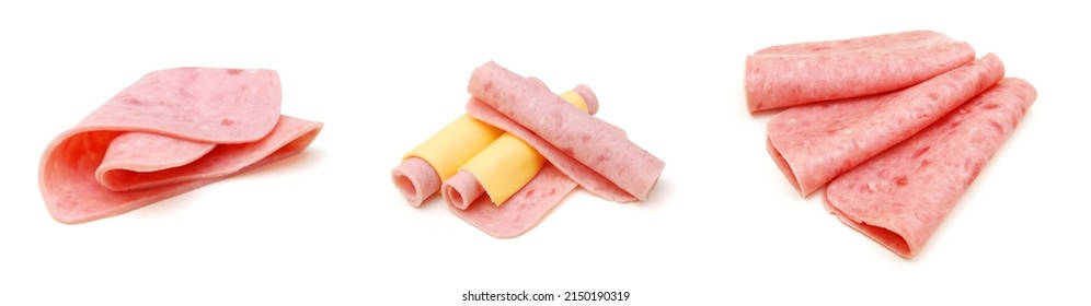 Delicious Ham Roll Up Cheese On White Background