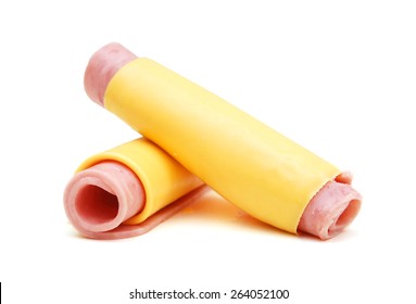 Delicious Ham Roll Up Cheese On White Background