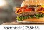 Delicious Hamburger in Extreme Closeup. Cheeseburger Macro shot, Delicious and Fresh Fast Food Meal. Ready to Eat.