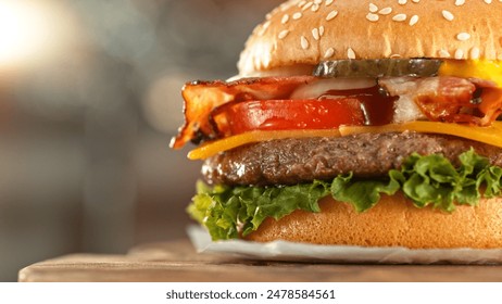 Delicious Hamburger in Extreme Closeup. Cheeseburger Macro shot, Delicious and Fresh Fast Food Meal. Ready to Eat. - Powered by Shutterstock