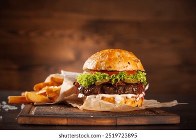 Delicious hamburger placed on a wooden cutting board Along with thick french fries. - Powered by Shutterstock