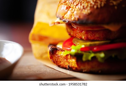 Delicious Hamburger Served For Dinner In American Diner Cafe.Download Royalty Free Curated Images Collection With Foods For Design Template