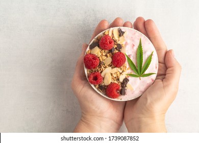 Delicious And Healthy CBD Cannabis Smoothie Bowl Made With Raspberries, Granola, Chocolate And Yogurt. Topped With A Cannabis Leaf And Infused With Marijuana Tincture For A Relaxing Breakfast Or Lunch