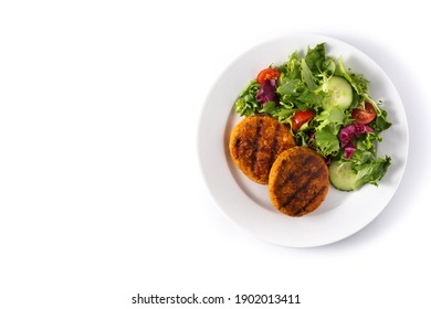 Delicious Healthy Chickpea Burger And Salad Isolated On White Background. Top View. Copy Space