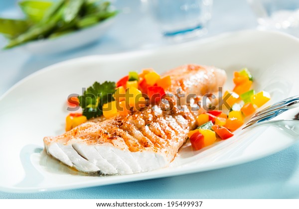 Delicious Healthy Grilled Fish Fillet Served Stock Photo ...