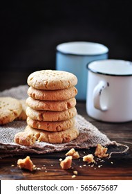 Delicious Healthy Homemade Cookies Of Peanut Butter With A Cup Of Milk. Healthy Food.