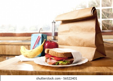 Delicious And Healthy School Lunch With Paper Bag