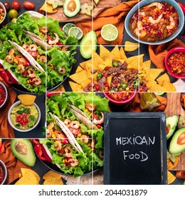 Delicious hispanic mexican meal board with nachos, tacos, guacamole, shrimps, avocado and starfruit. Hot and spicy. - Shutterstock ID 2044031879