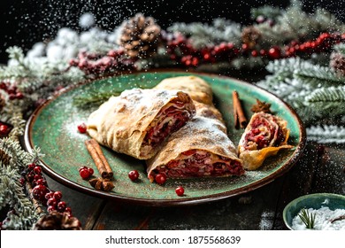 Delicious Homemade Cherry Pie. Sweet Slices Of Cherry Strudel Christmas Decorated. Winter Dessert. Traditional Austria Cuisine.