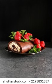 Delicious Homemade Chocolate Cake With Strawberries And Mint. Dark Background. Celebratory Dinner