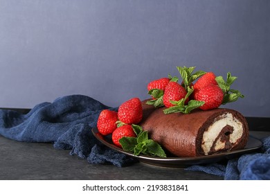 Delicious Homemade Chocolate Cake With Strawberries And Mint. Dark Background. Celebratory Dinner