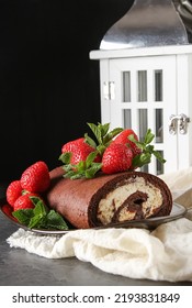 Delicious Homemade Chocolate Cake With Strawberries And Mint. Dark Background. Celebratory Dinner