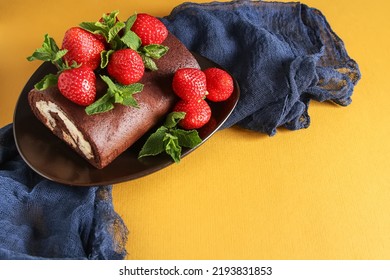 Delicious Homemade Chocolate Cake With Strawberries And Mint. Dark Background. Celebratory Dinner