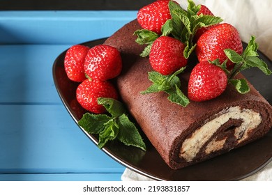 Delicious Homemade Chocolate Cake With Strawberries And Mint. Dark Background. Celebratory Dinner