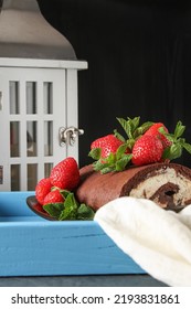 Delicious Homemade Chocolate Cake With Strawberries And Mint. Dark Background. Celebratory Dinner