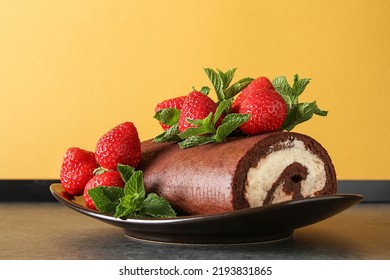 Delicious Homemade Chocolate Cake With Strawberries And Mint. Dark Background. Celebratory Dinner