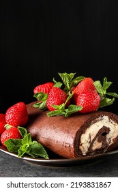 Delicious Homemade Chocolate Cake With Strawberries And Mint. Dark Background. Celebratory Dinner