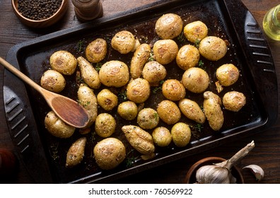 Delicious Homemade Herb And Garlic Roasted Baby Potatoes.