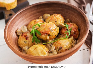 Delicious homemade meatballs with mushroom cream sauce.  Swedish cuisine. - Shutterstock ID 1283240947