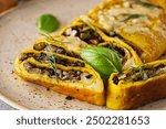 Delicious Homemade Omelette: Fresh Ingredients with Cheese, Mushrooms, and Vegetables.