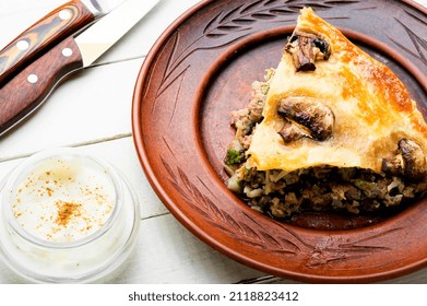 Delicious Homemade Pie With Ground Beef And Mushrooms.