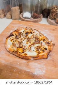 Delicious Homemade Pizza With Goat Cheese, Honey, Nuts, Onions And Cream. Beautiful Vertical Shot.