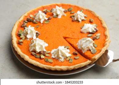 Delicious Homemade Pumpkin Pie On Light Table