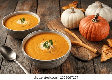 Delicious homemade pumpkin soup in bowl