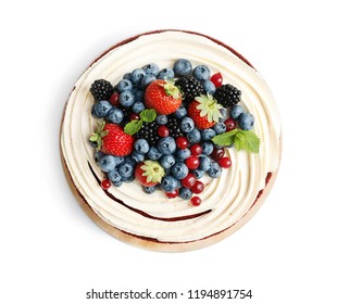 Delicious Homemade Red Velvet Cake With Fresh Berries On White Background, Top View