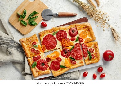 Delicious Homemade Square Pizza With Vegetables On White