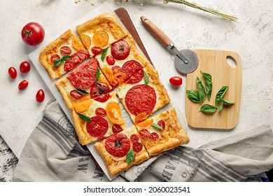 Delicious Homemade Square Pizza With Vegetables On White