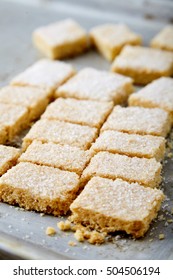 Delicious Homemade Sugar Cookies Made From Semolina, Butter, Flour And Sugar. Crumbly, Delicate Texture, The Sugar Crust On Top. A Little Sweetness To The Tea On Gray Background. Selective Focus