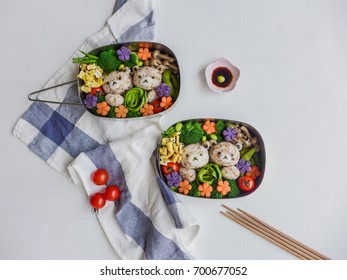 Delicious Homemade Vegetarian Meal With Animated-shaped Food / Bear Bento Box Meal / Meat-free Diet For A Healthy And Clean Lifestyle. Ideal For Weight Watcher And Busy Working Couples