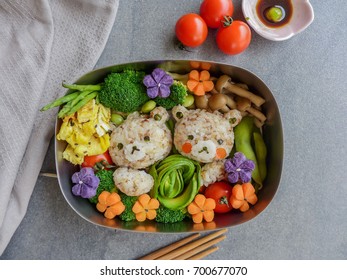 Delicious Homemade Vegetarian Meal With Animated-shaped Food / Bear Bento Box Meal / Meat-free Diet For A Healthy And Clean Lifestyle. Ideal For Weight Watcher And Busy Working Couples