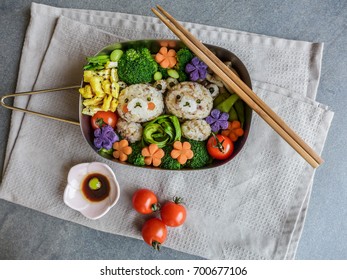 Delicious Homemade Vegetarian Meal With Animated-shaped Food / Bear Bento Box Meal / Meat-free Diet For A Healthy And Clean Lifestyle. Ideal For Weight Watcher And Busy Working Couples