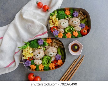 Delicious Homemade Vegetarian Meal With Animated-shaped Food / Bear Bento Box Meal / Meat-free Diet For A Healthy And Clean Lifestyle.Ideal For Weight Watcher And Busy Working Couples