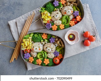 Delicious Homemade Vegetarian Meal With Animated-shaped Food / Bear Bento Box Meal / Meat-free Diet For A Healthy And Clean Lifestyle.Ideal For Weight Watcher And Busy Working Couples