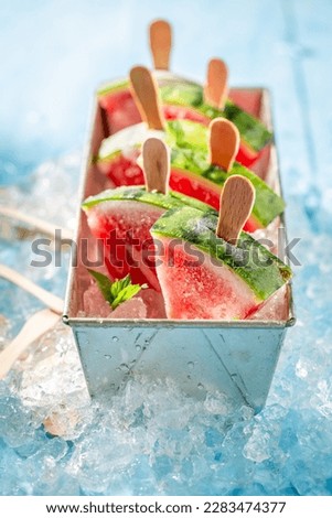 Delicious and homemade watermelon ice cream on cold ice. Frozen watermelon as sorbet ice cream.