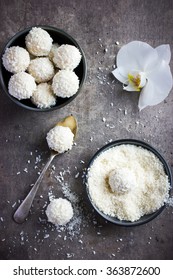 Delicious Homemade White Chocolate And Coconut Candy Balls, Top View