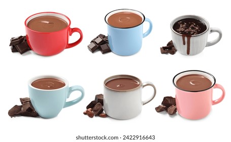 Delicious hot chocolate in cups isolated on white, set - Powered by Shutterstock