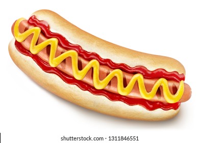 Delicioso hot dog con ketchup y mostaza, aislado de fondo blanco