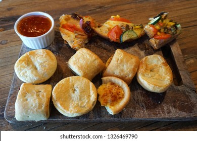 
Delicious Hot Pie With Various Flavor On Wooden Tray Mince Cheese Bacon Egg Sausage Roll Pie Baked Pastry Steak Kai Pai Vegetable Pie Crust Dough 