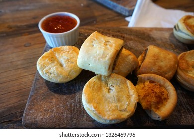 
Delicious Hot Pie With Various Flavor On Wooden Tray Mince Cheese Bacon Egg Sausage Roll Pie Baked Pastry Steak Kai Pai Vegetable Pie Crust Dough 