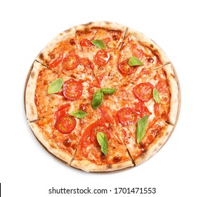 Delicious Hot Pizza Margherita Isolated On White, Top View